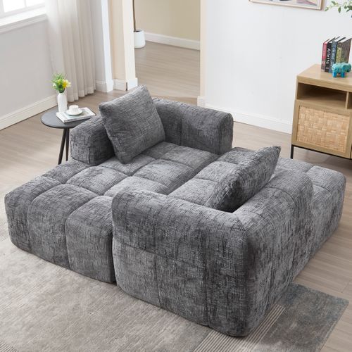 Méridienne Style Moderne Avec Poches Latérales - Revêtement Chenille - Gris