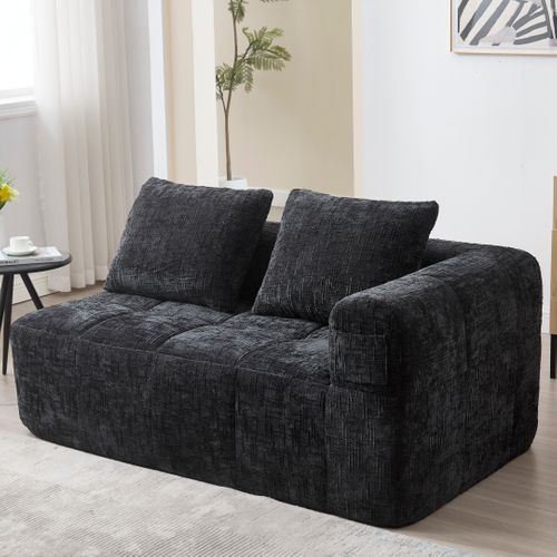 Méridienne 2 Places Style Moderne Avec Coussin Et Poches Latérales - Revêtement Chenille - Noir