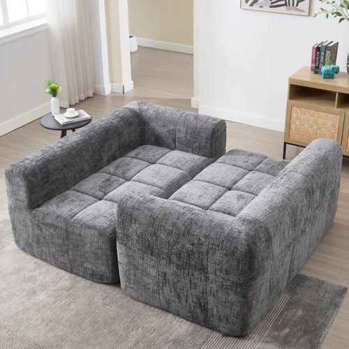 Méridienne 2 Places Style Moderne Avec Poches Latérales Et Coussin - Revêtement Chenille - Gris