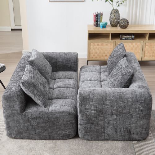 Méridienne 2 Places Style Moderne Avec Poches Latérales Et Coussin - Revêtement Chenille - Gris