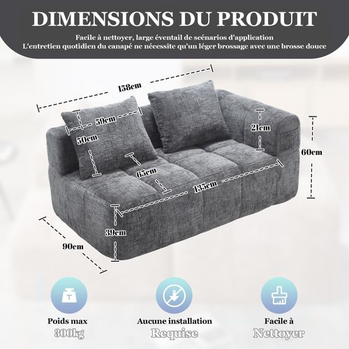 Méridienne 2 Places Style Moderne Avec Poches Latérales Et Coussin - Revêtement Chenille - Gris