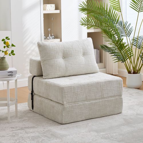 Fauteuil Convertible 1 Place Avec Coussin - Chenille Beige