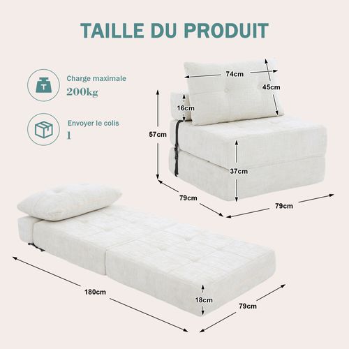 Fauteuil Convertible 1 Place Avec Coussin - Chenille Beige