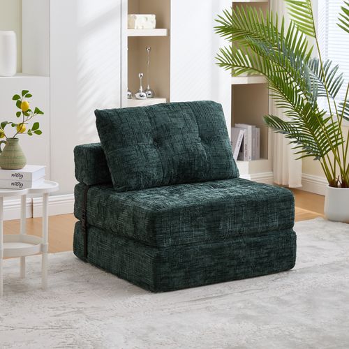 Fauteuil Convertible 1 Place Avec Coussin - Chenille Vert Émeraude