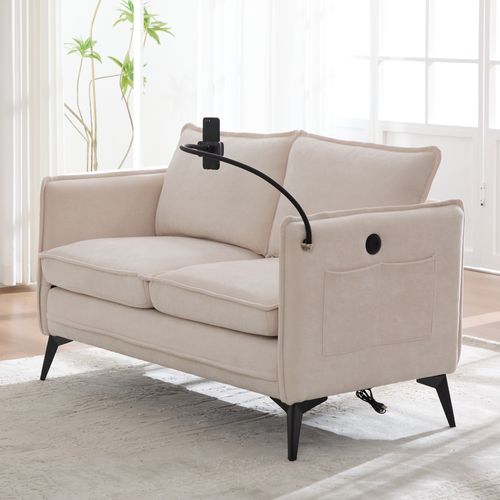 Canapé Droit 2 Places Moderne Avec Accoudoirs, Pochette Latérale Et Support Téléphone - Beige