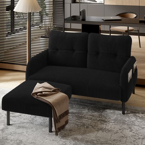Pouf Confortable En Velours Côtelé Avec Structure Métal - Noir