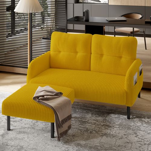 Pouf En Velours Côtelé Avec Structure Métal Et Assise Mousse - Jaune