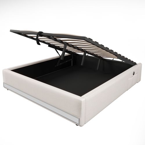 Lit Coffre 90x200 Cm - Lit Simple Avec Poches De Rangement Latérales Pratiques - Lin + Mdf - Beige