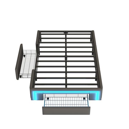 Lit Avec Rangement 90x200 Cm - Lit Simple Avec 2 Tiroirs Et Bande LED - Sans Matelas - Gris