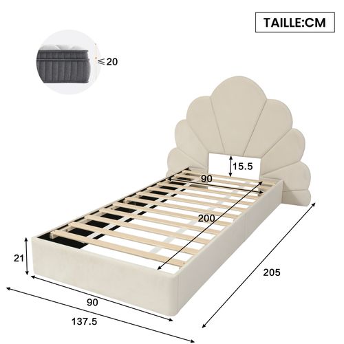 Lit Simple 90x200 Cm - Lit Capitonné Tissu Velours - Design Fleurs Courbes - Sans Matelas - Beige