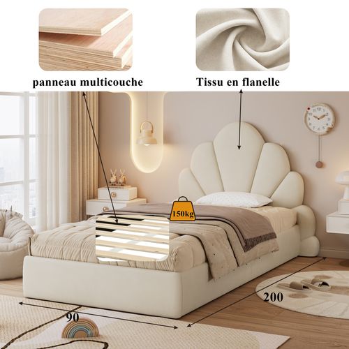 Lit Simple 90x200 Cm - Lit Capitonné Tissu Velours - Design Fleurs Courbes - Sans Matelas - Beige