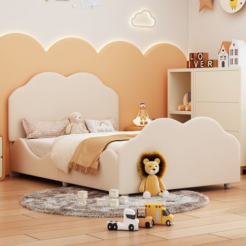 Lit Enfant 90x200 Cm - Lit Capitonné Avec Tête Et Pied De Lit Nuage - Velours - Beige