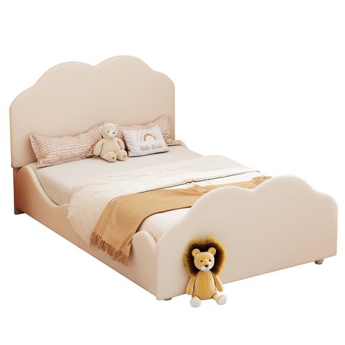 Lit Enfant 90x200 Cm - Lit Capitonné Avec Tête Et Pied De Lit Nuage - Velours - Beige