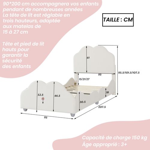 Lit Enfant 90x200 Cm - Lit Capitonné Avec Tête Et Pied De Lit Nuage - Velours - Beige