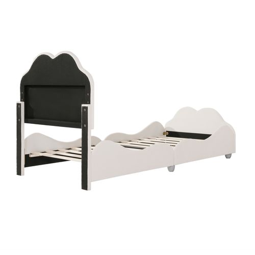 Lit Enfant 90x200 Cm - Lit Capitonné Avec Tête Et Pied De Lit Nuage - Velours - Beige