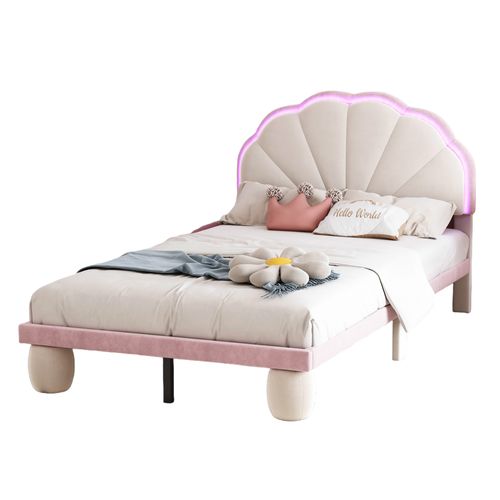 Lit Enfant 90x200 Cm - Lit Avec LED Multicolores Et Pieds Ronds Capitonnés - Velours - Beige Et Rose