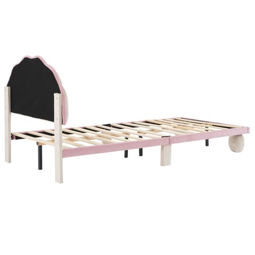 Lit Enfant 90x200 Cm - Lit Avec LED Multicolores Et Pieds Ronds Capitonnés - Velours - Beige Et Rose