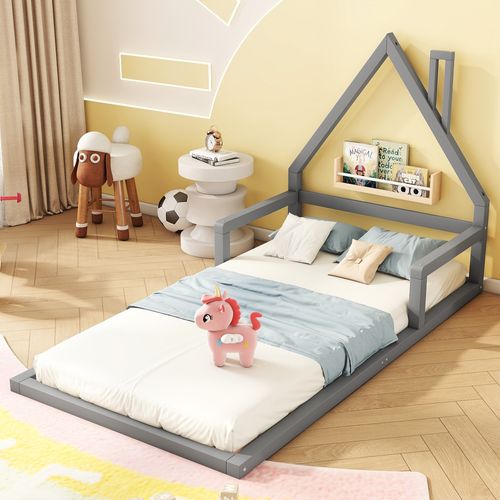 Lit Enfant 90x200 Cm - Lit Cabane En Pin  Et Mdf, Design Classique Et Solide - Gris