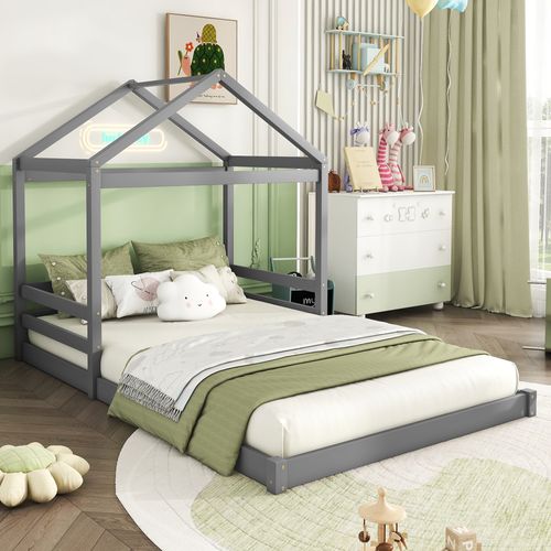 Lit Enfant 140x200 Cm - Lit Cabane Déco En Bois Avec Lattes Style Maison - Pin Et Mdf - Gris