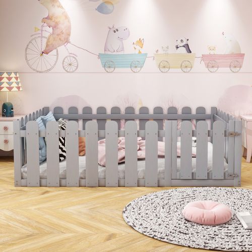 Lit Enfant 140x200 Cm - Lit En Bois Avec Barrières Et Porte Sécurisée - Mdf Et Pin - Gris