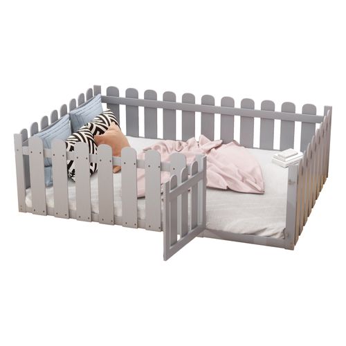 Lit Enfant 140x200 Cm - Lit En Bois Avec Barrières Et Porte Sécurisée - Mdf Et Pin - Gris