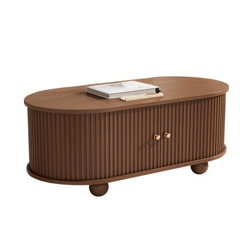 Table Basse Avec Porte Coulissante 360° Et Rangement Divisé - Mdf Design Noyer Solide - Brun