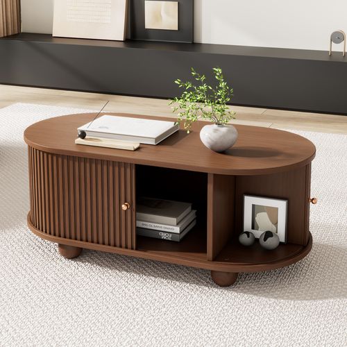 Table Basse Avec Porte Coulissante 360° Et Rangement Divisé - Mdf Design Noyer Solide - Brun