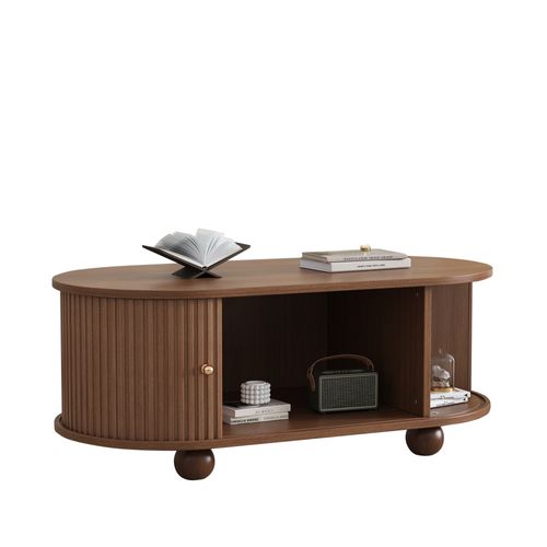 Table Basse Avec Porte Coulissante 360° Et Rangement Divisé - Mdf Design Noyer Solide - Brun