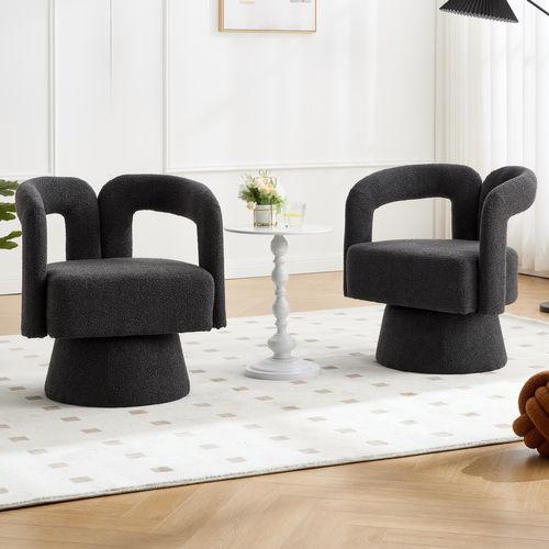 Fauteuil Pivotant 360° Capitonné En Tissu Bouclé - Bois Et Métal - Gris Foncé