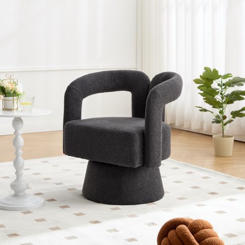 Fauteuil Pivotant 360° Capitonné En Tissu Bouclé - Bois Et Métal - Gris Foncé