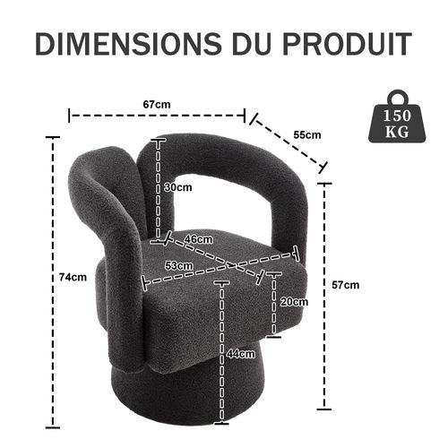 Fauteuil Pivotant 360° Capitonné En Tissu Bouclé - Bois Et Métal - Gris Foncé