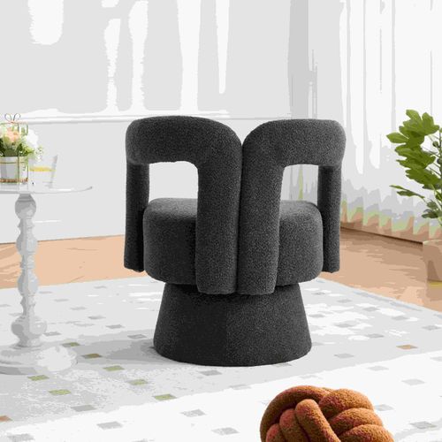 Fauteuil Pivotant 360° Capitonné En Tissu Bouclé - Bois Et Métal - Gris Foncé