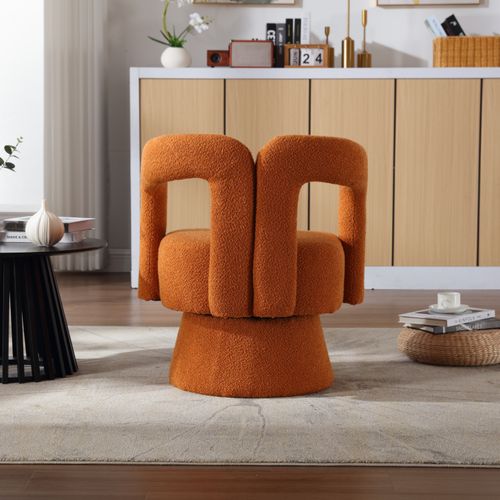 Fauteuil Pivotant 360° Capitonné En Tissu Bouclé - Cadre Bois Et Métal - Orange