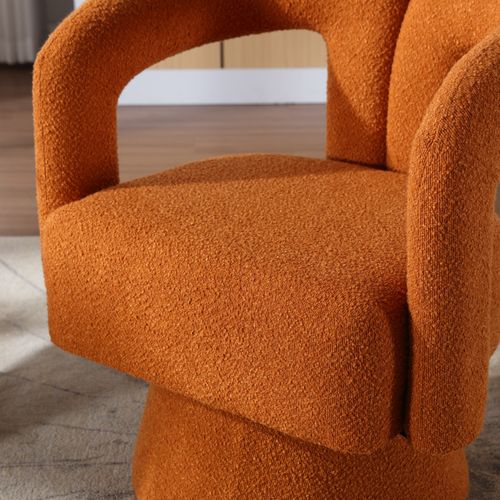 Fauteuil Pivotant 360° Capitonné En Tissu Bouclé - Cadre Bois Et Métal - Orange