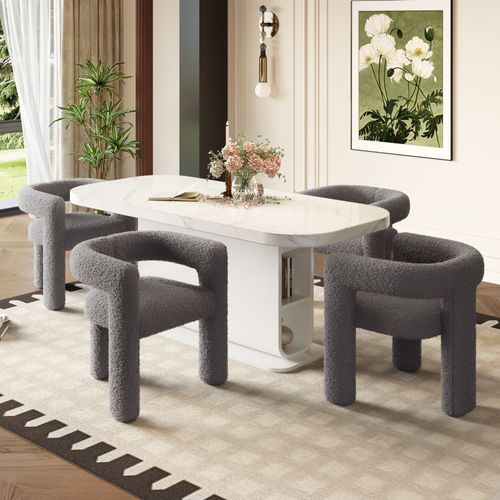 Fauteuil Design Ergonomique Cadre Rond Revêtement Teddy - Structure Métallique - Gris Foncé