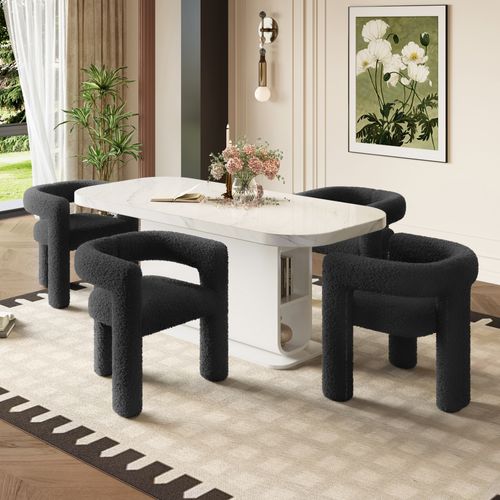 Fauteuil Design Ergonomique Cadre Rond Revêtement Teddy - Structure Métallique - Noir