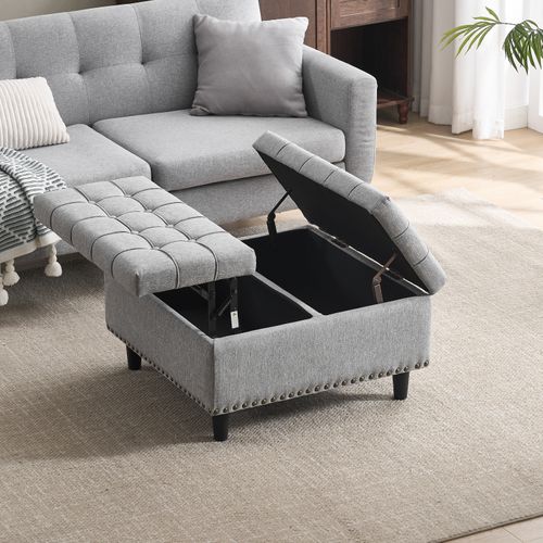 Pouf De Rangement Coffre Carré Grande Capacité Et Assise Confortable En Tissu - Gris