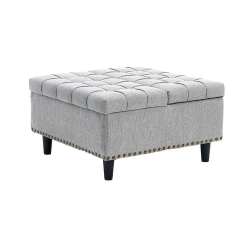 Pouf De Rangement Coffre Carré Grande Capacité Et Assise Confortable En Tissu - Gris