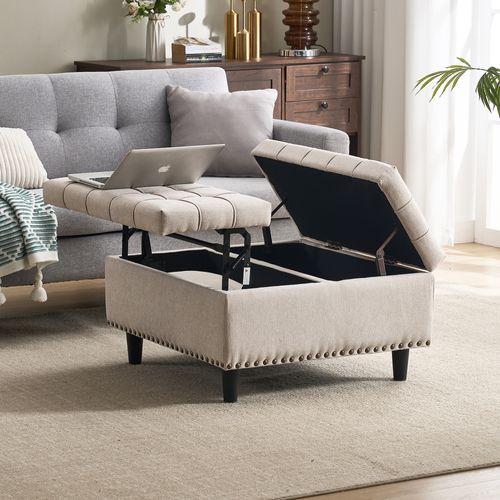 Pouf De Rangement Coffre Carré Grande Capacité Et Assise Confortable En Tissu - Beige