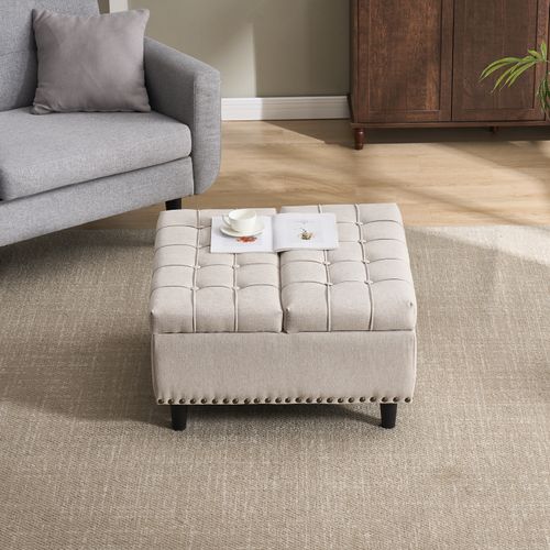 Pouf De Rangement Coffre Carré Grande Capacité Et Assise Confortable En Tissu - Beige