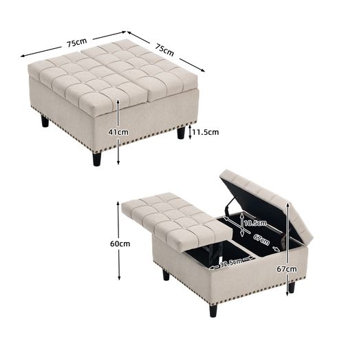 Pouf De Rangement Coffre Carré Grande Capacité Et Assise Confortable En Tissu - Beige