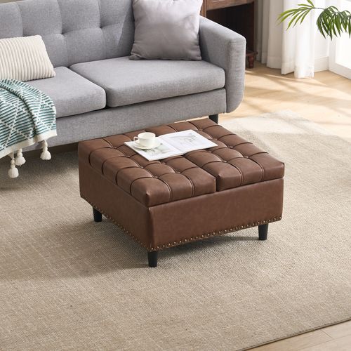 Pouf De Rangement Coffre Carré Grande Capacité Et Assise Confortable - Marron