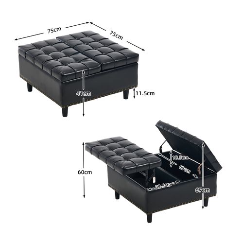 Pouf De Rangement Coffre Carré Grande Capacité Et Assise Confortable - Noir