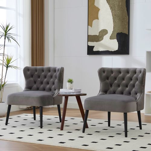 Fauteuil Moderne De Salon Et Coussin Rembourré - Velours, Pieds Bois - Gris