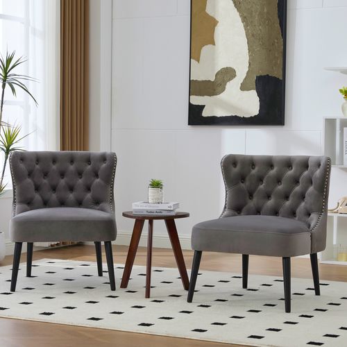 Fauteuil Moderne De Salon Et Coussin Rembourré - Velours, Pieds Bois - Gris