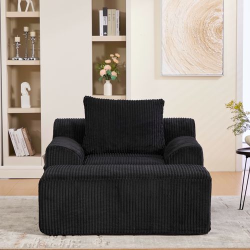Fauteuil Relax Velours Côtelé Avec Repose-pieds Et Coussin Confortable, Sans Montage, Noir
