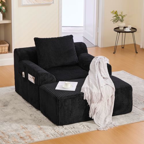 Fauteuil Relax Velours Côtelé Avec Repose-pieds Et Coussin Confortable, Sans Montage, Noir