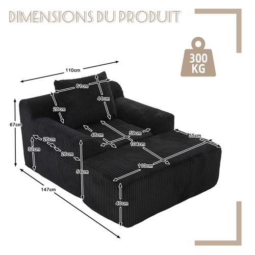 Fauteuil Relax Velours Côtelé Avec Repose-pieds Et Coussin Confortable, Sans Montage, Noir