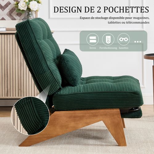 Fauteuil - Fauteuil Lounge Inclinable Avec Coussin Lombaire En Velours Côtelé - Vert