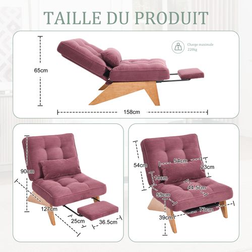 Fauteuil - Lounge Moderne Avec Repose-pieds, Dossier Réglable Et Coussin Lombaire - Bordeaux